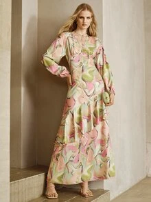 Arave Gaun Kencan Elegan Wanita dengan Motif Tinta Tenun, Bentuk X, Lengan Panjang, Leher V Rendah, dan Hem Berumbai - Aprikot - View 7