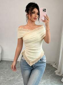 Rafferiza 女款休閒浪漫優雅通勤露肩短袖T恤，夏季約會外出米色 - 杏色 - 查看 7