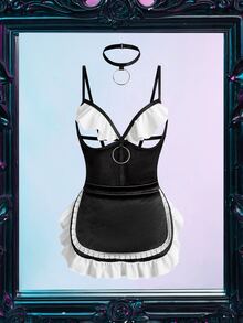 Spicy Aura 3pcs Sexy Hollow Out Ruffled Women's Lingerie Set - Black and White - View 6