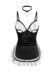 Spicy Aura 3pcs Sexy Hollow Out Ruffled Women's Lingerie Set - Black and White - View 4
