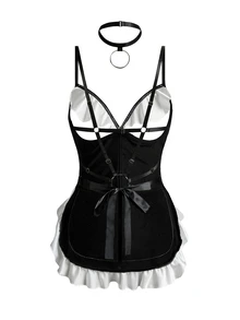 Spicy Aura 3pcs Sexy Hollow Out Ruffled Women's Lingerie Set - Black and White - View 8