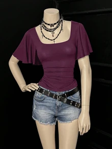 Bitrose Women's Solid Color Ruched Fitted Versatile Casual Short Sleeve T-Shirt - Purple - View 3