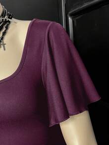 Bitrose Women's Solid Color Ruched Fitted Versatile Casual Short Sleeve T-Shirt - Purple - View 4