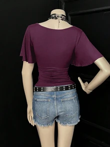 Bitrose Women's Solid Color Ruched Fitted Versatile Casual Short Sleeve T-Shirt - Purple - View 8