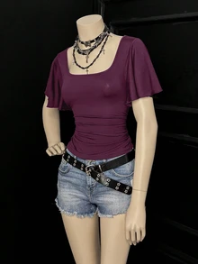 Bitrose Women's Solid Color Ruched Fitted Versatile Casual Short Sleeve T-Shirt - Purple - View 5