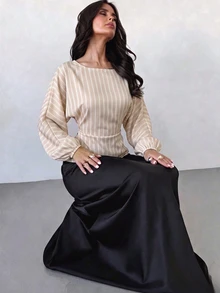 Firerie 女款新款極簡優雅浪漫休閒都市通勤時尚百搭杏色條紋圓領蝙蝠袖長袖收腰X型修身襯衫，教師穿搭，秋季穿著 - 杏色 - 查看 8
