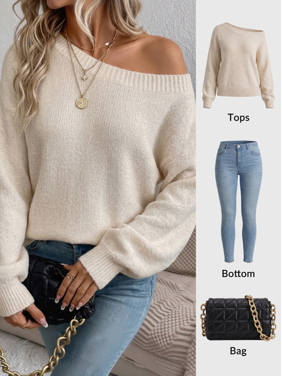 EMERY ROSE Women's Casual Apricot One-Shoulder Sweater, Suitable For Autumn/Winter,Winter Outfit For Women,Autumn Outfits For Women,Chic Top