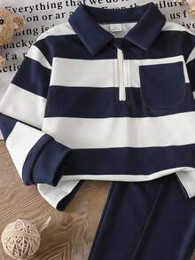 SHEIN 男童春秋純灰色極簡休閒風素色修身翻領半拉鍊長袖套頭上衣搭配長褲套裝，適合外出、休閒、日常運動穿著 - 藏蓝色 - 查看 3