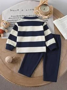 SHEIN 男童春秋純灰色極簡休閒風素色修身翻領半拉鍊長袖套頭上衣搭配長褲套裝，適合外出、休閒、日常運動穿著 - 藏蓝色 - 查看 2