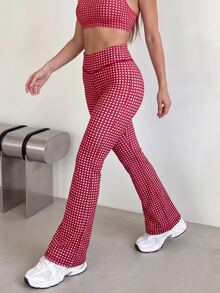 SHEIN Sports Women's Red Plaid High-Waisted Athleisure Trousers,Comfortable, Slimming Slight-Flare Trousers - Multicolor - View 6