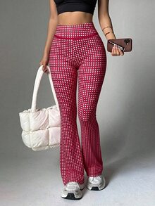 SHEIN Sports Women's Red Plaid High-Waisted Athleisure Trousers,Comfortable, Slimming Slight-Flare Trousers - Multicolor - View 1