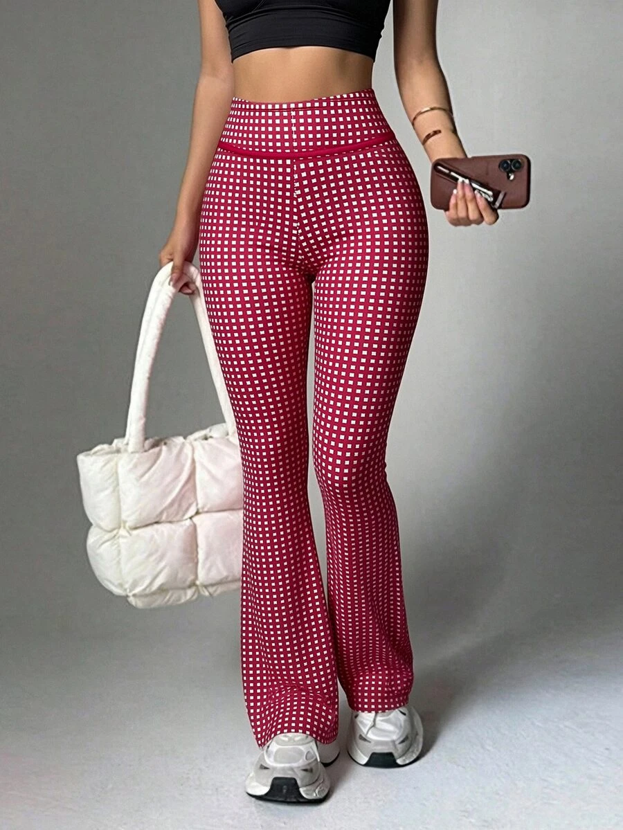 SHEIN Sports Women's Red Plaid High-Waisted Athleisure Trousers,Comfortable, Slimming Slight-Flare Trousers - Multicolor - View 1