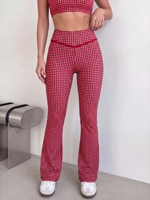 SHEIN Sports Women's Red Plaid High-Waisted Athleisure Trousers,Comfortable, Slimming Slight-Flare Trousers - Multicolor - View 5