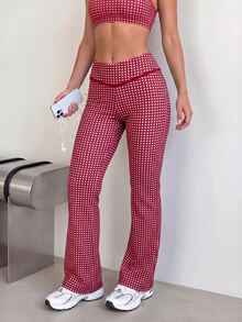 SHEIN Sports Women's Red Plaid High-Waisted Athleisure Trousers,Comfortable, Slimming Slight-Flare Trousers - Multicolor - View 4