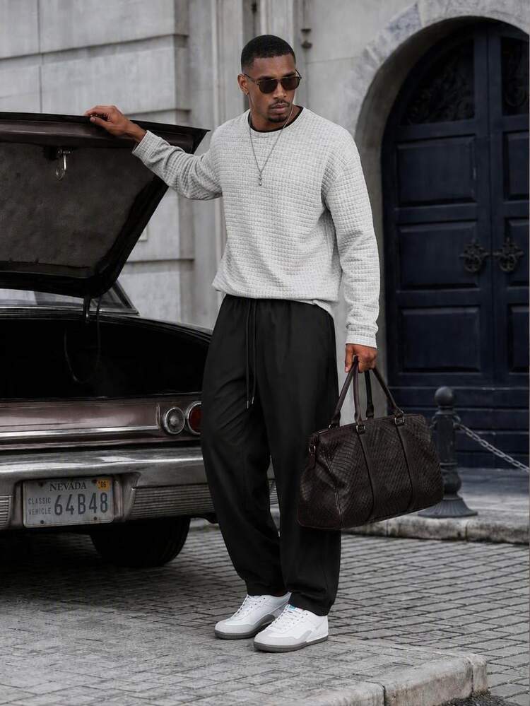 Mainfolk Men's Geometric Grid Long Sleeve T-Shirt And Drawstring Waist Pants Casual Set Halloween Winter Party Autumn - Grey - View 1