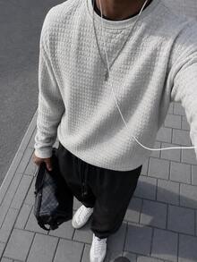 Mainfolk 男士幾何格紋長袖T恤與抽繩腰長褲休閒套裝，適合萬聖節、冬季派對、秋季穿著 - 灰色 - 查看 10