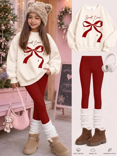 Burgundy Red Vintage Fashion Sweet Girl Bow Pattern Print, Girls Casual Soft Thermal Lined Comfortable Loose Crew Neck Pullover Sweatshirt And Casual Brushed Base Layer Long Pants 2 Pieces Set, Suitable For Autumn/Winter Daily, Campus, Outings, Christmas, Cozy Vibes, Girly Style, Chill