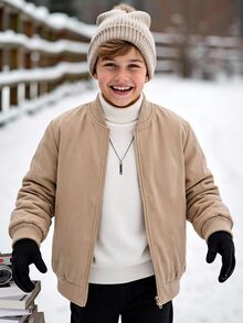 SHEIN Kids Tween Boy Fleece Lined Super Cheap Zipper Baseball Jacket Coat Versatile Suitable For Commuting School Daily Casual College Travel Sports Autumn Winter - Khaki - View 2