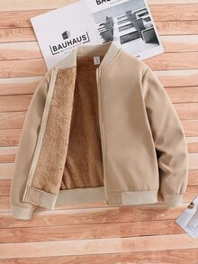 SHEIN Kids Tween Boy Fleece Lined Super Cheap Zipper Baseball Jacket Coat Versatile Suitable For Commuting School Daily Casual College Travel Sports Autumn Winter - Khaki - View 3