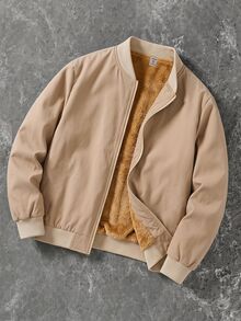 SHEIN Kids Tween Boy Fleece Lined Super Cheap Zipper Baseball Jacket Coat Versatile Suitable For Commuting School Daily Casual College Travel Sports Autumn Winter - Khaki - View 1