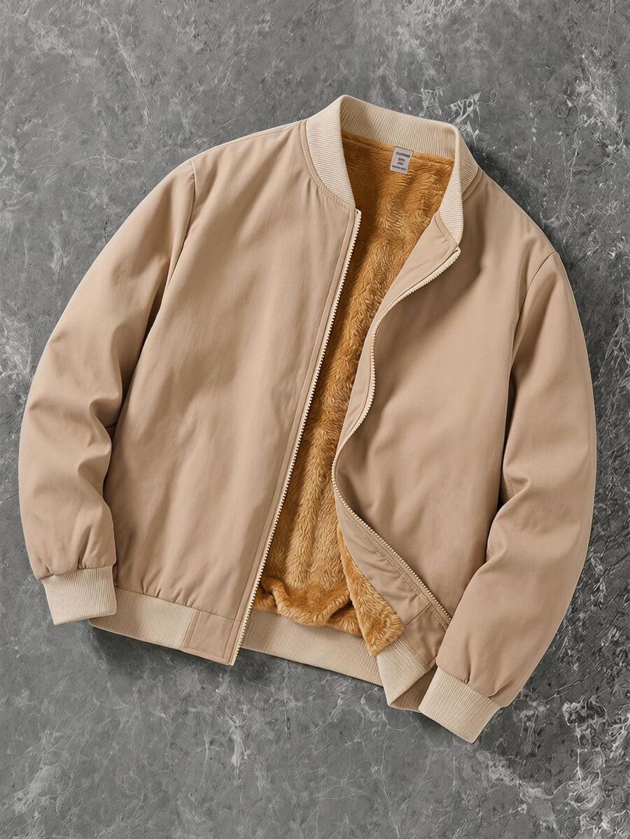 SHEIN Kids Tween Boy Fleece Lined Super Cheap Zipper Baseball Jacket Coat Versatile Suitable For Commuting School Daily Casual College Travel Sports Autumn Winter - Khaki - View 1