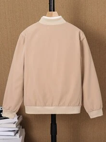 SHEIN Kids Tween Boy Fleece Lined Super Cheap Zipper Baseball Jacket Coat Versatile Suitable For Commuting School Daily Casual College Travel Sports Autumn Winter - Khaki - View 4