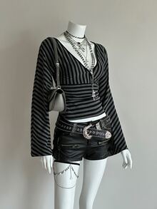 Bitrose Women's Sexy Baddie Minimalist Striped Fabric Deep V-Neck T-Shirt,Punk - Multicolor - View 5