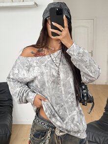 Coolane 女款秋冬保暖基礎極簡/冬季街頭風Y2K休閒淺灰色水洗做舊大廓形不對稱領運動衫 - 彩色 - 查看 4