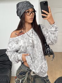 Coolane 女款秋冬保暖基礎極簡/冬季街頭風Y2K休閒淺灰色水洗做舊大廓形不對稱領運動衫 - 彩色 - 查看 1