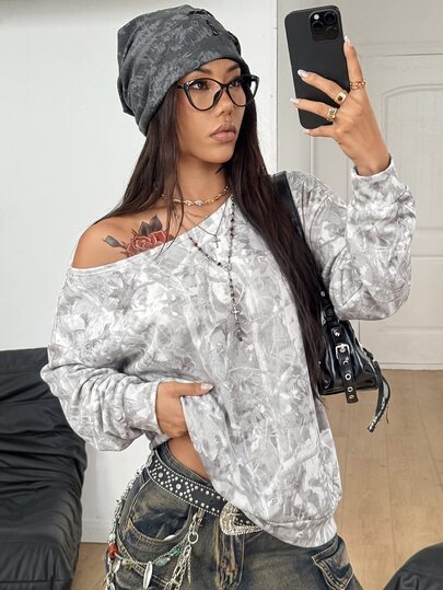 Coolane Women's & Men's Fall/Winter Streetwear Casual Y2k Forest Camo Graphics Comfortable French Grey Oversized Asymmetrical Neck Long Sleeve Sweatshirt