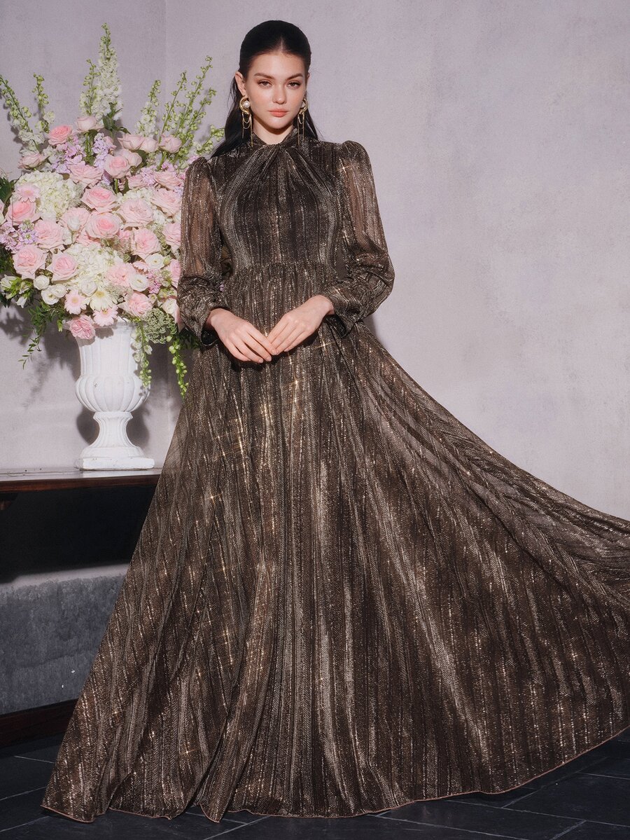 Anewsta Affair 女款交叉領公主風長袖亮面布料拼接優雅派對婚禮正式晚禮服 棕色 秋冬 - 棕色 - 查看 1