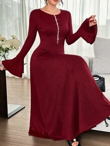 Yasmyna Gaun Rajut Jacquard Nuansa Awal Musim Gugur, Gaun Panjang Mengembang yang Pas di Badan dan Melangsingkan, Gaya Lembut - Burgundy - View 6