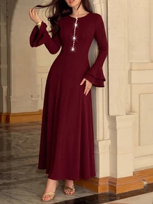 Yasmyna Gaun Rajut Jacquard Nuansa Awal Musim Gugur, Gaun Panjang Mengembang yang Pas di Badan dan Melangsingkan, Gaya Lembut - Burgundy - View 9