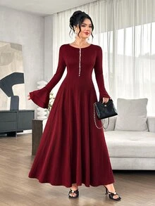 Yasmyna Gaun Rajut Jacquard Nuansa Awal Musim Gugur, Gaun Panjang Mengembang yang Pas di Badan dan Melangsingkan, Gaya Lembut - Burgundy - View 4