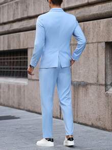 Manfinity Bizformal 男士素色翻領長袖雙排扣西裝外套與長褲休閒套裝 淺藍色套裝，正式，儀式 - 淺藍色 - 查看 4