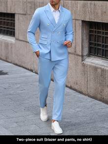 Manfinity Bizformal 男士素色翻領長袖雙排扣西裝外套與長褲休閒套裝 淺藍色套裝，正式，儀式 - 淺藍色 - 查看 6