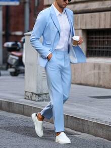 Manfinity Bizformal 男士素色翻領長袖雙排扣西裝外套與長褲休閒套裝 淺藍色套裝，正式，儀式 - 淺藍色 - 查看 2