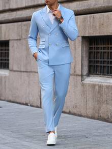 Manfinity Bizformal 男士素色翻領長袖雙排扣西裝外套與長褲休閒套裝 淺藍色套裝，正式，儀式 - 淺藍色 - 查看 3