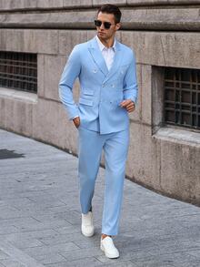 Manfinity Bizformal 男士素色翻領長袖雙排扣西裝外套與長褲休閒套裝 淺藍色套裝，正式，儀式 - 淺藍色 - 查看 1