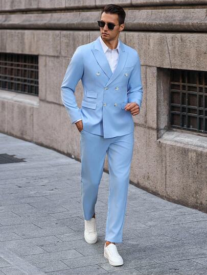 Manfinity Bizformal 男士素色翻領長袖雙排扣西裝外套與長褲休閒套裝 淺藍色套裝，正式，儀式
