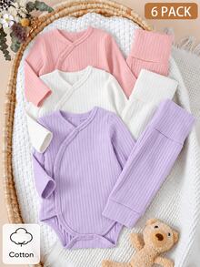 SHEIN 6Pcs Newborn Baby Girl Jumpsuit Set Cute Pink Purple White Ribbed Knit Side Snap Long Sleeve Round Neck Regular Birthday Party Fall Holiday Outfits - Multicolor - View 2