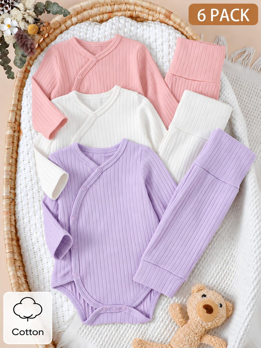 SHEIN 6Pcs Newborn Baby Girl Jumpsuit Set Cute Pink Purple White Ribbed Knit Side Snap Long Sleeve Round Neck Regular Birthday Party Fall Holiday Outfits