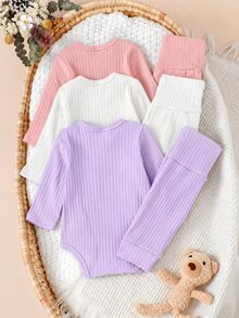 SHEIN 6Pcs Newborn Baby Girl Jumpsuit Set Cute Pink Purple White Ribbed Knit Side Snap Long Sleeve Round Neck Regular Birthday Party Fall Holiday Outfits - Multicolor - View 3
