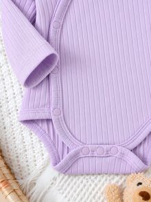 SHEIN 6Pcs Newborn Baby Girl Jumpsuit Set Cute Pink Purple White Ribbed Knit Side Snap Long Sleeve Round Neck Regular Birthday Party Fall Holiday Outfits - Multicolor - View 4