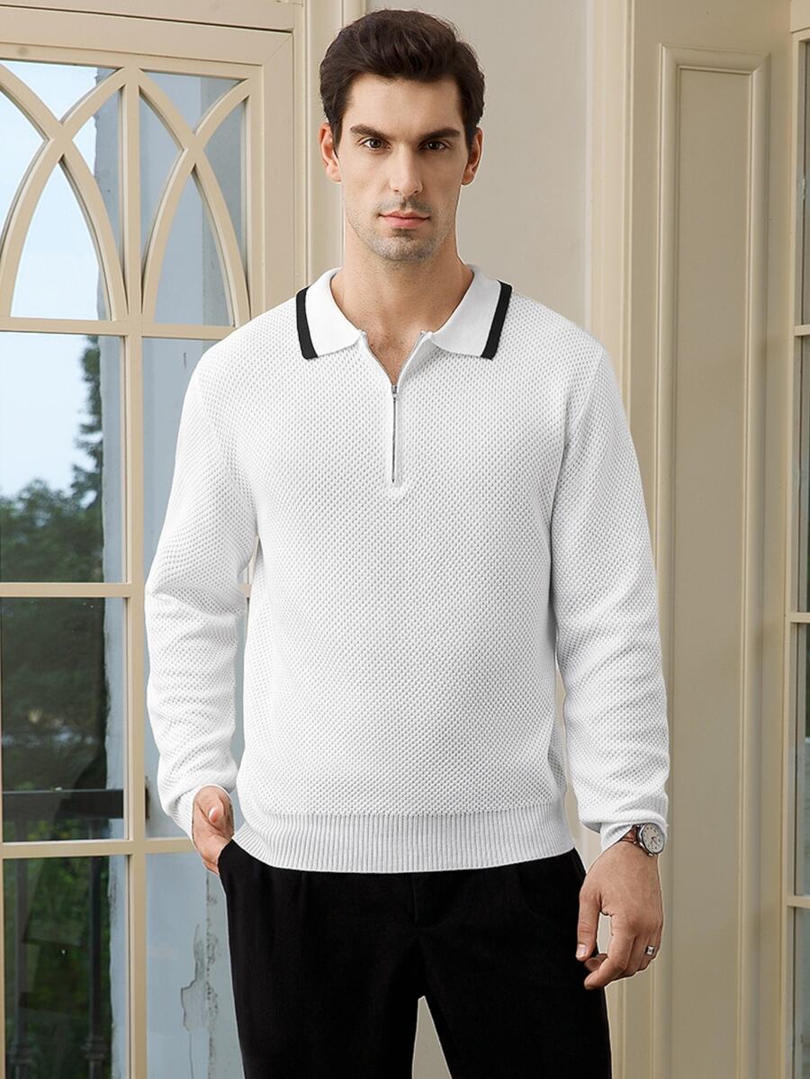 Manfinity Bizformal 男式撞色半拉链休闲长袖套头衫 - 白色 - 查看 1