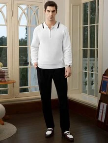Manfinity Bizformal 男式撞色半拉链休闲长袖套头衫 - 白色 - 查看 7
