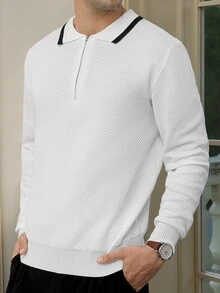 Manfinity Bizformal 男式撞色半拉链休闲长袖套头衫 - 白色 - 查看 3