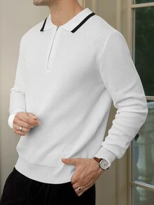 Manfinity Bizformal 男式撞色半拉链休闲长袖套头衫 - 白色 - 查看 2