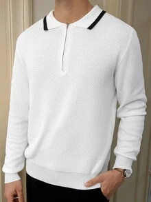 Manfinity Bizformal 男式撞色半拉链休闲长袖套头衫 - 白色 - 查看 4