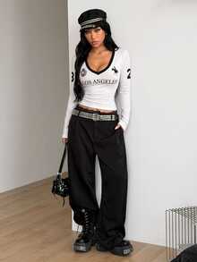 Coolane Women's Fall Sporty Y2K Chic White-And-Black Slim Fit Deep V-Neck Graphic Lettering Contrast Trim Cropped Long Sleeve Polyester T-Shirt - White - View 2